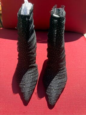 Sam Edelman Women's Black Pointed Toe Stretch Sock Boot with Subtle Sparkle